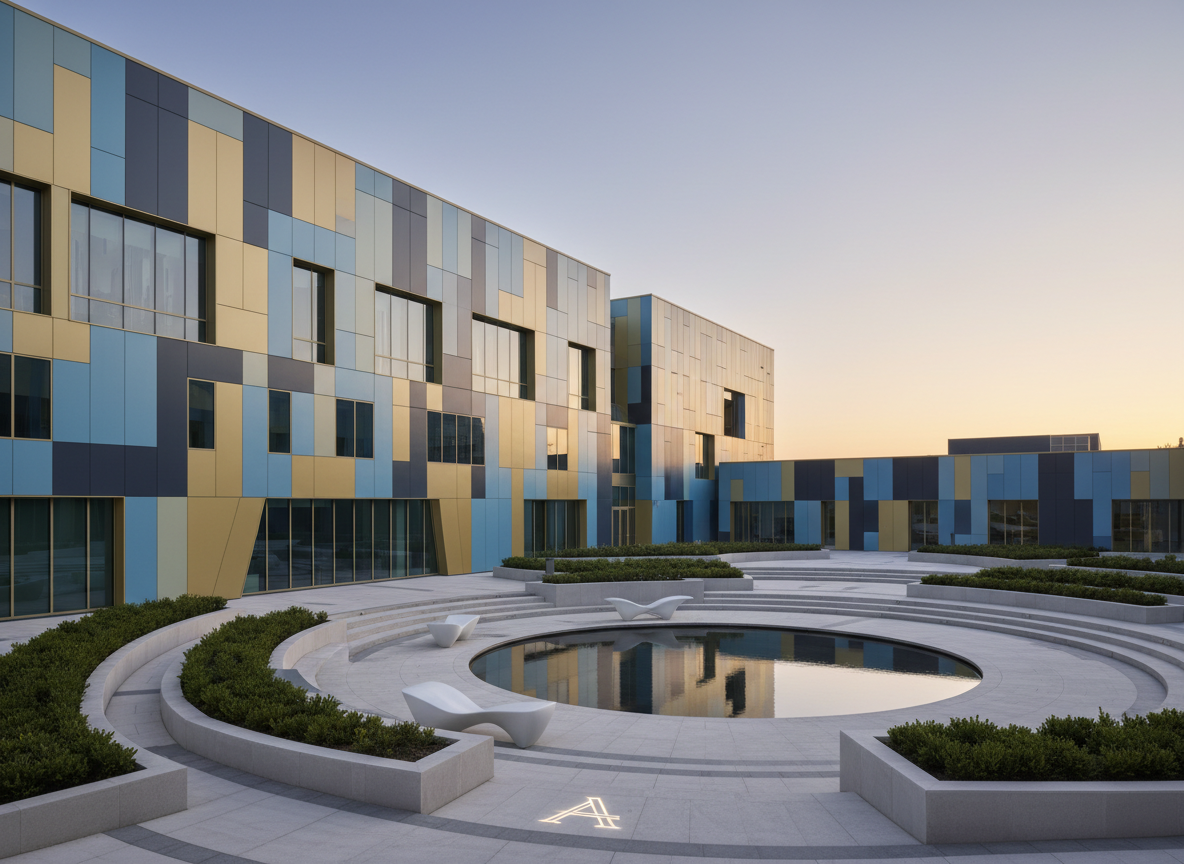 An abstract, modern architectural scene that matches the existing site's color palette, featuring a prominent contemporary building and an adjacent open plaza or courtyard space, clean minimal style, soft gradients, and subtle lighting, suitable as a hero image for an academic advising website.
